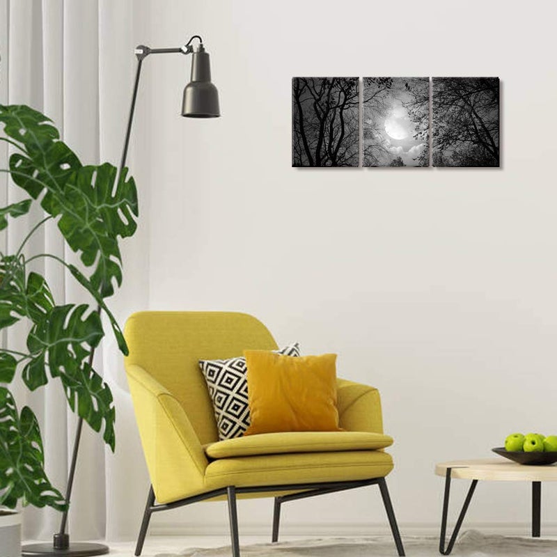 Visual Art Decor Black and White Full Moon Forest Trees Picture Goth Room Decor Canvas Wall Art Framed Artwork Gothic Home Decor Living Room Bedroom Home Office Decoration 3 Piece - Image 2